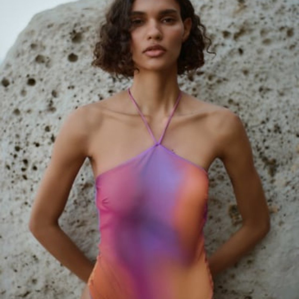 Zara Printed Tulle Swimsuit, Multicolour, NWT, S